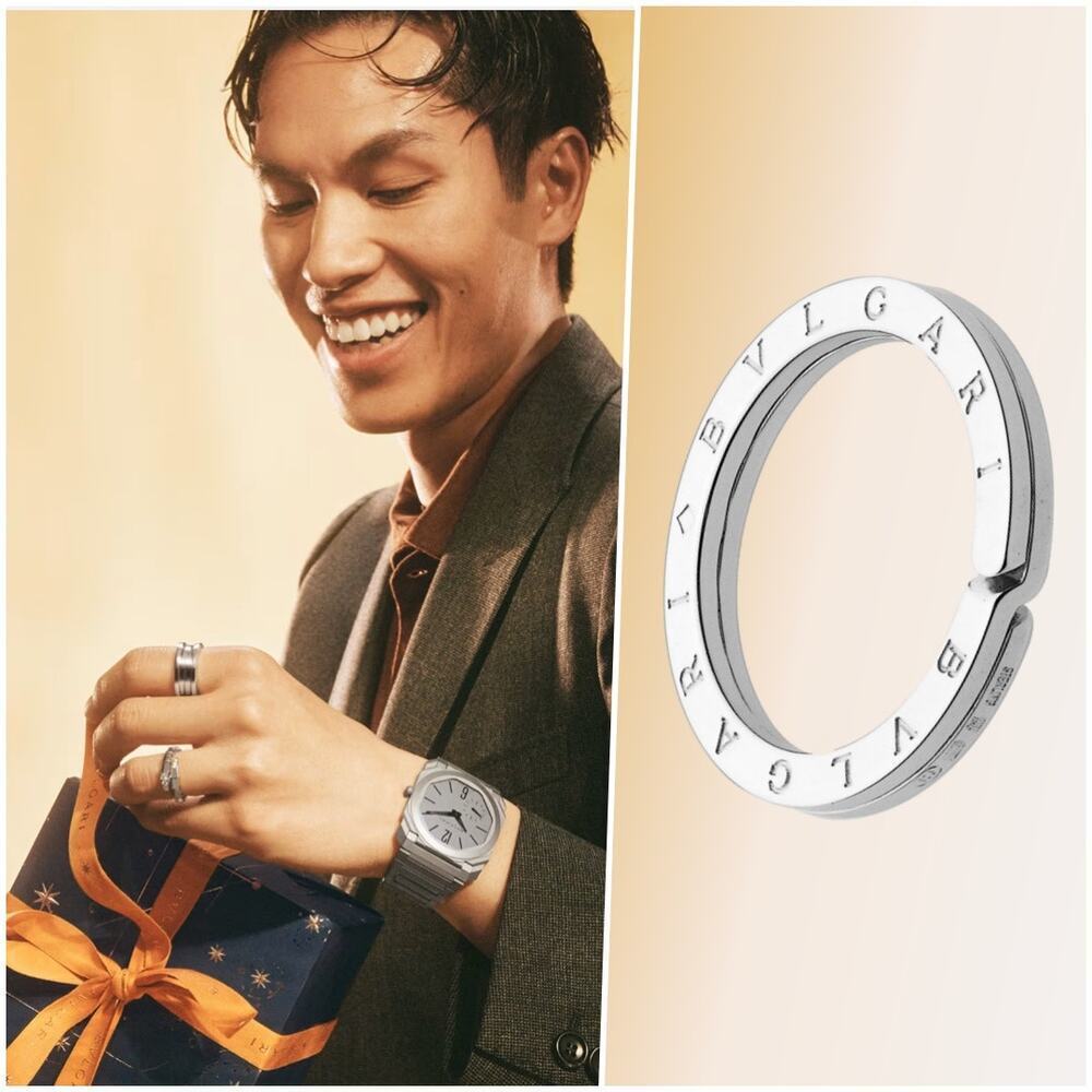 Bvlgari Mens Sterling Silver Key Ring Keychain with Gift Box